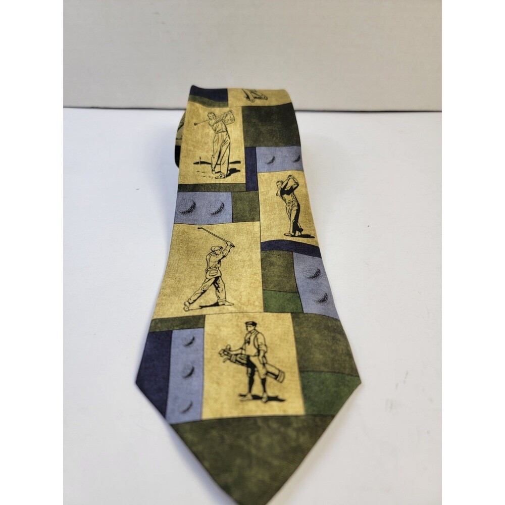 Larson Brothers 100% Silk Golf Necktie Golfer Print Green Blue Tan Vintage Style